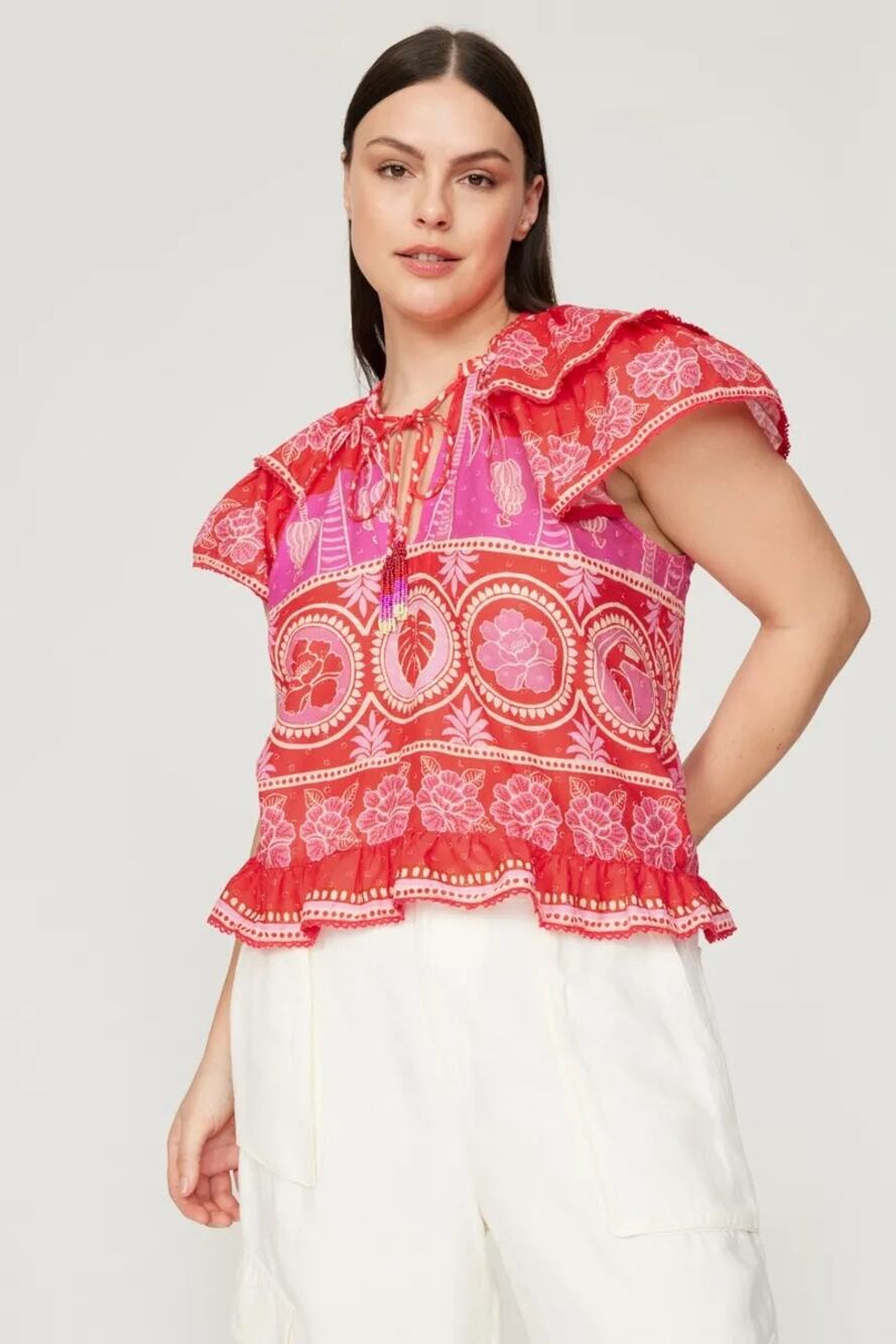 Farm Rio Red Pink Paisley Tropical Floral Blouse Beaded Tassel Boho Resort Small